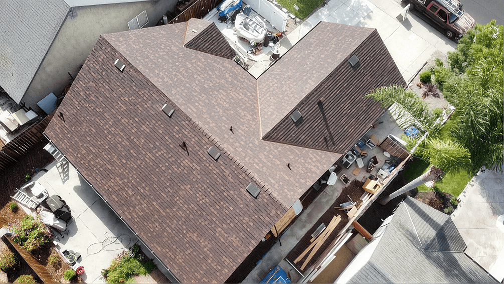Aerial view of a finished architectural shingle roof